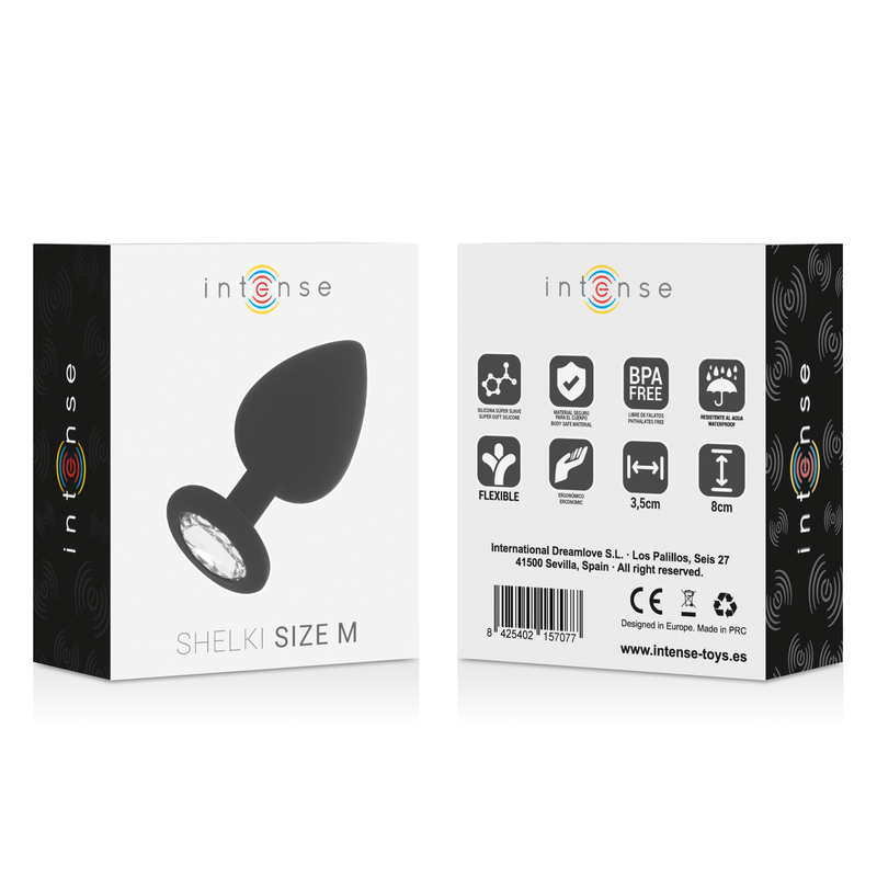 Plug Anal de Silicone Intense Shelki M: Fotografia premium de estúdio exibindo o plug anal de tamanho M em tom preto mate, realçando a sua silhueta cónica suave, acabamento aveludado  base ergonómica estável.