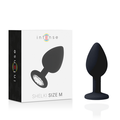Plug Anal de Silicone Intense Shelki M: Fotografia premium de estúdio exibindo o plug anal de tamanho M em tom preto mate, realçando a sua silhueta cónica suave, acabamento aveludado e base ergonómica estável.