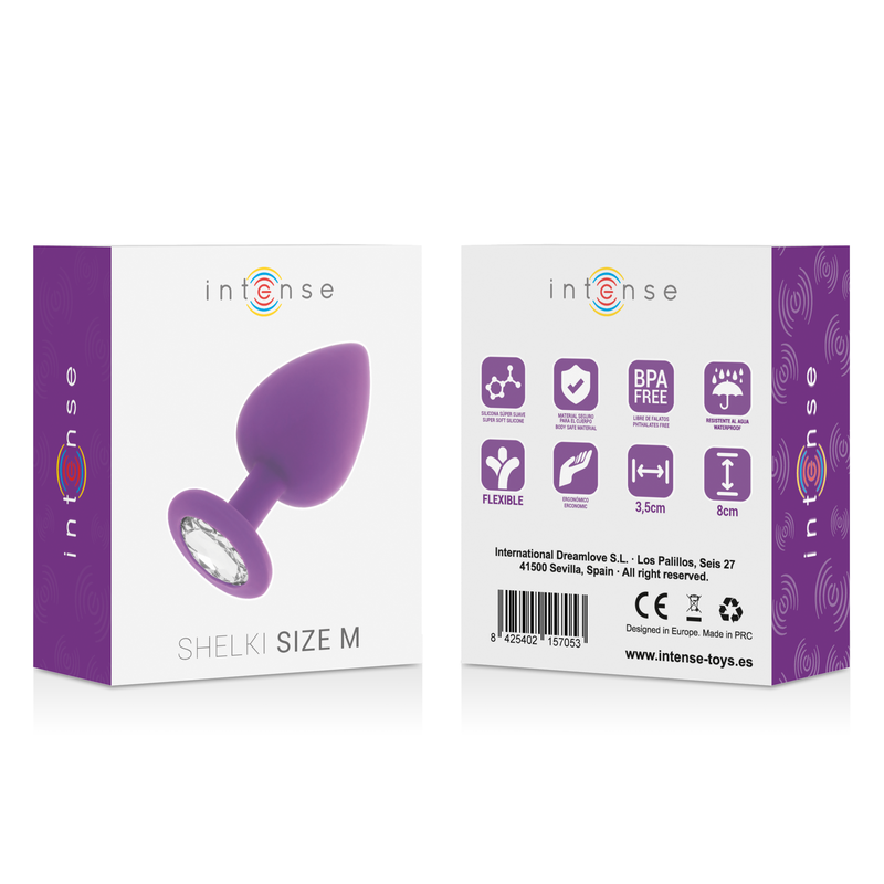 Plug Anal de Silicone Intense Shelki M Lilás: Fotografia premium de estúdio exibindo o plug anal de tamanho M em tom lilás mate, realçando a sua silhueta cónica suave, acabamento aveludado  base ergonómica estável.