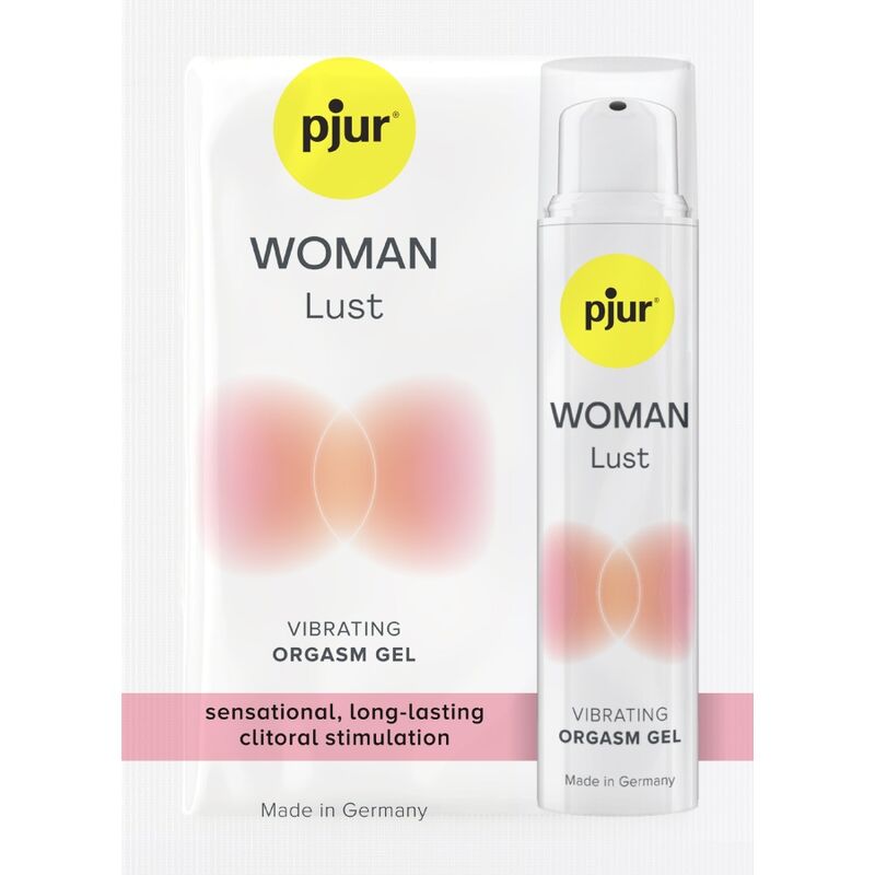 Saqueta Estimulante pjur Woman Lust Gel: Embalagem plana de dose única com design moderno e sofisticado em tons de roxo, cinzento metalizado e preto, realçando a linha premium.