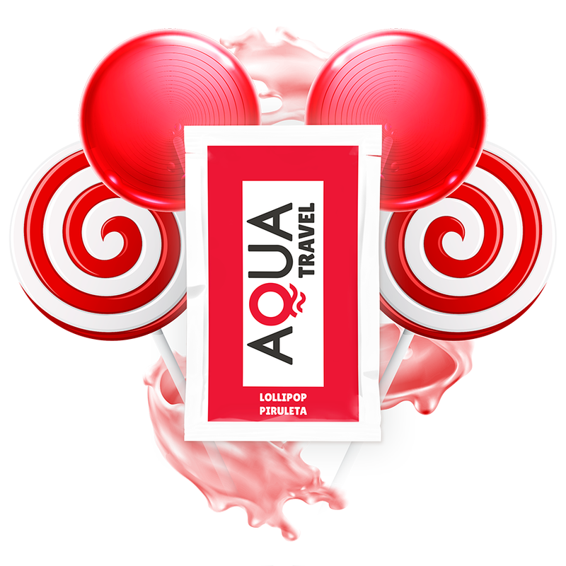 Saqueta de Lubrificante AQUA Travel Pirulito: Embalagem plana de 6 ml com um design colorido e moderno, destacando o sabor a pirulito/chupa-chupa e a indicação de base aquosa.