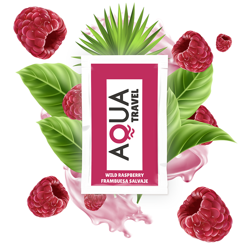 Saqueta de Lubrificante AQUA Travel Wild: Embalagem plana de 6 ml com design moderno e apelativo, destacando a ilustração de framboesas e a indicação de base aquosa.