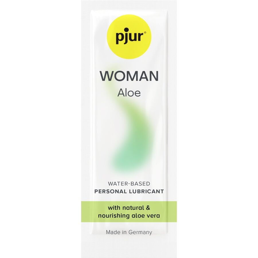 Saqueta de Lubrificante pjur Woman Aloe: Embalagem plana de 2 ml com design elegante e minimalista em tons de branco, prateado e verde-aloe, ilustrando pureza.