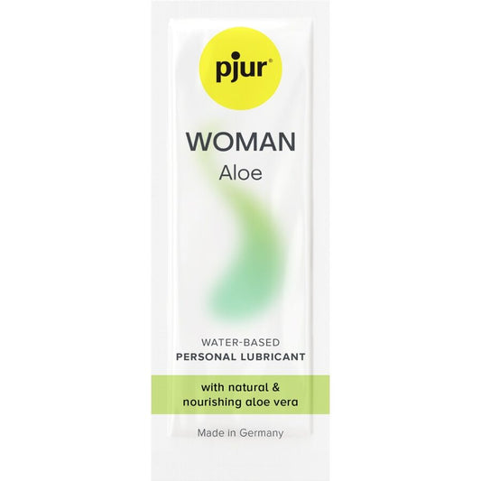 Saqueta de Lubrificante pjur Woman Aloe: Embalagem plana de 2 ml com design elegante e minimalista em tons de branco, prateado e verde-aloe, ilustrando pureza.