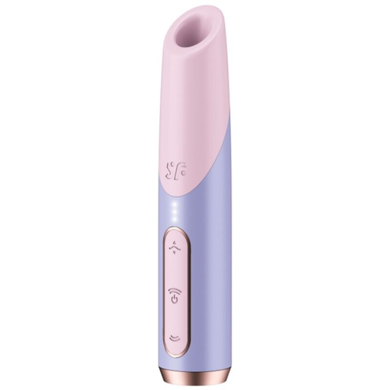Satisfyer Bold Kiss Wave Estimulador de Clitóris Rosa/Violeta: Fotografia editorial de alto impacto com iluminação vibrante, focando no contraste entre os tons de rosa e violeta, destacando a ergonomia do design.