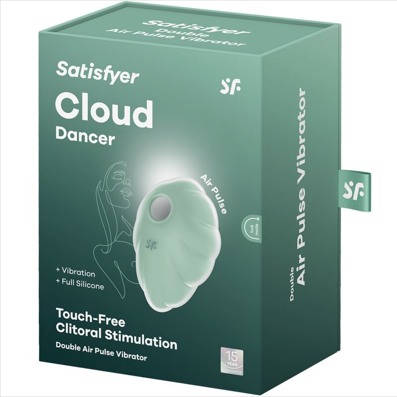 Satisfyer Cloud Dancer Estimulador de Clitóris Verde: Fotografia editorial de alto luxo com iluminação suave, focando na silhueta curva do dispositivo e na sua tonalidade verde,