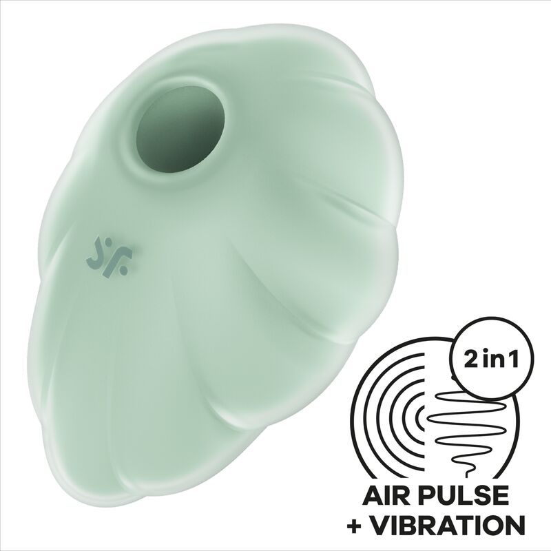 Satisfyer Cloud Dancer Estimulador de Clitóris Verde: Fotografia editorial de alto luxo com iluminação suave, focando na silhueta curva do dispositivo e na sua tonalidade verde, destacando a elegância do design.