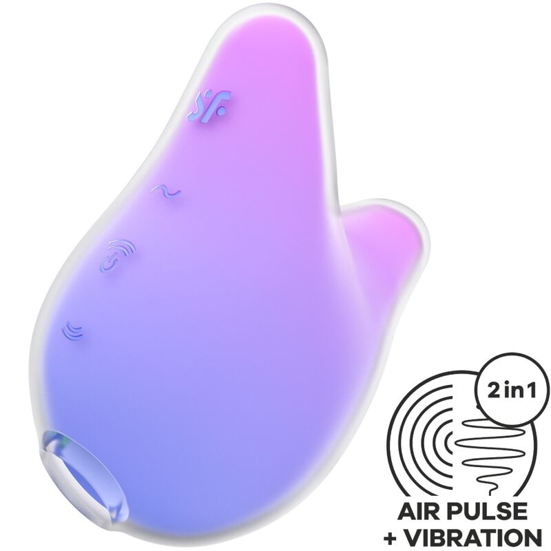 Satisfyer Mermaid Vibes Estimulador: Fotografia editorial premium com iluminação suave, focando na silhueta curva e na combinação de cores violeta e rosa.