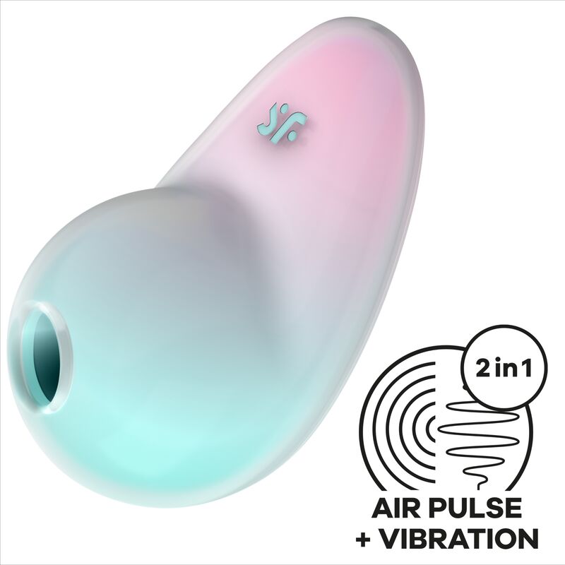 Satisfyer Pixie Dust Estimulador Azul: Fotografia editorial premium com iluminação suave, focando na silhueta elegante e na tonalidade azul do dispositivo.