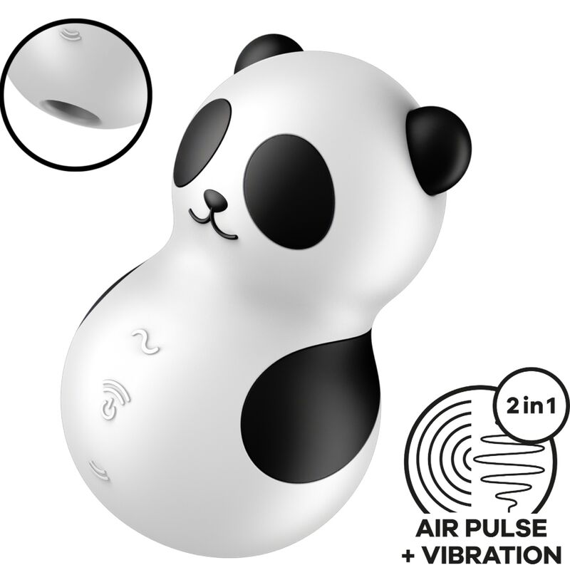 Satisfyer Pocket Panda Estimulador: Fotografia editorial premium com iluminação luminosa, focando no design lúdico em preto e branco e na qualidade do silicone.