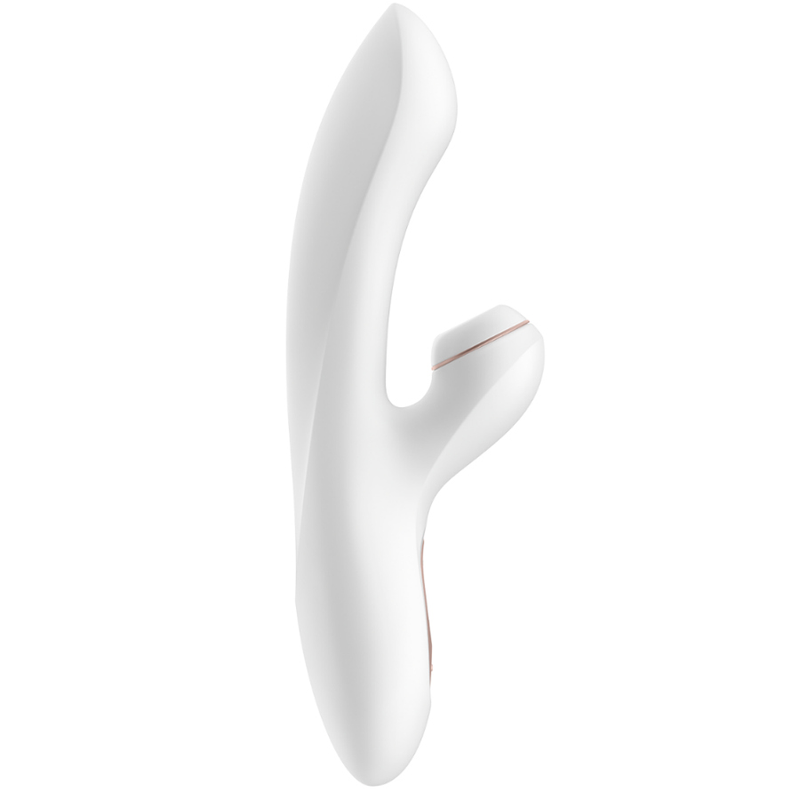 Satisfyer Pro G-Spot Rabbit: Fotografia editorial premium focando no design ergonómico dual e na qualidade do silicone.