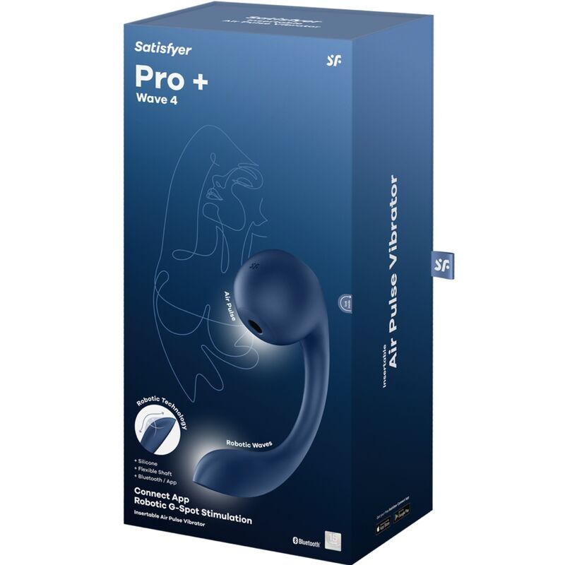 Satisfyer Pro Wave 4 Estimulador: Fotografia editorial premium destacando o design elegante em azul escuro e a versatilidade