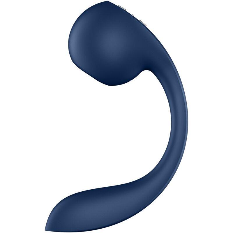 Satisfyer Pro Wave 4 Estimulador: Fotografia editorial premium destacando o design elegante em azul escuro e a versatilidade do estimulador dual.