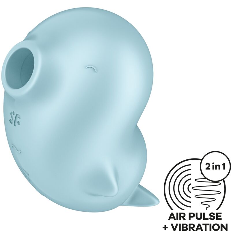 Satisfyer Sassy Seal Estimulador: Fotografia editorial premium com iluminação luminosa, focando no design lúdico e na qualidade do silicone azul.