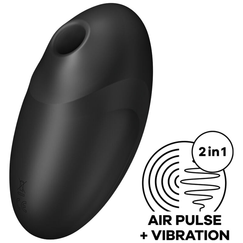 Satisfyer Vulva Lover 3 Estimulador: Fotografia editorial premium focando no design anatómico e no acabamento sofisticado em preto.