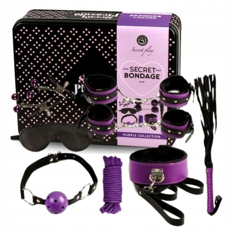 SecretPlay BDSM Set 8pcs Purple & Black: Fotografia editorial focando na apresentação luxuosa e na disposição elegante das 8 peças.