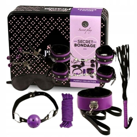 SecretPlay BDSM Set 8pcs Purple & Black: Fotografia editorial focando na apresentação luxuosa e na disposição elegante das 8 peças.