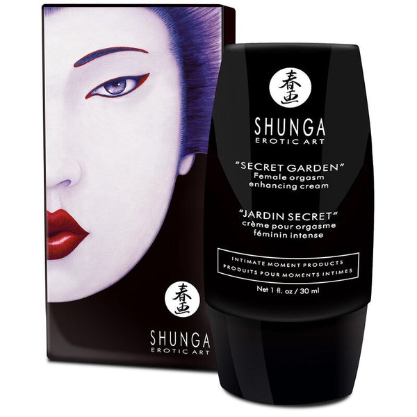 Shunga Creme Jardim Secreto: Fotografia editorial focando na elegância do frasco e na promessa de intensidade.