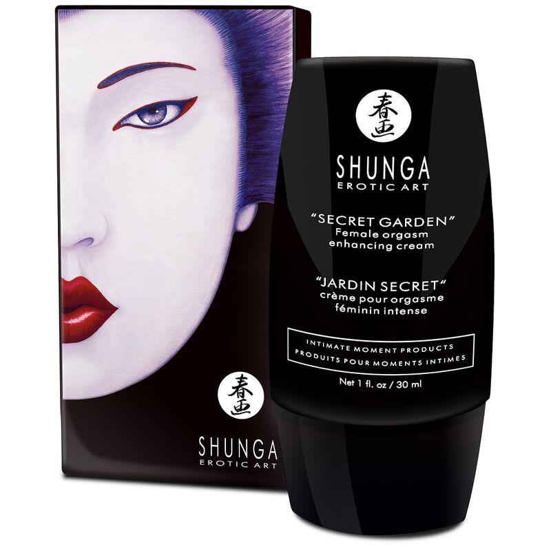 Shunga Creme Jardim Secreto: Fotografia editorial focando na elegância do frasco e na promessa de intensidade.