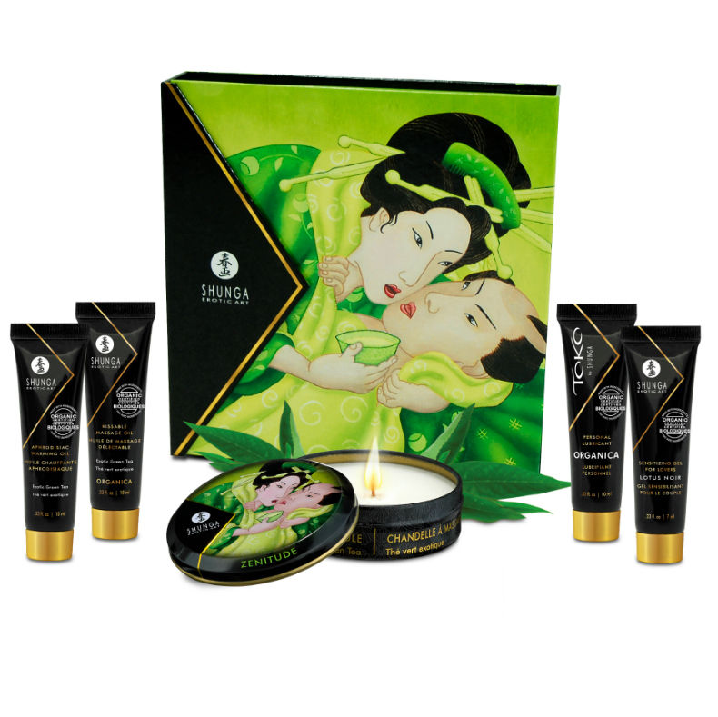 Shunga Kit Chá Verde Orgânico: Fotografia editorial focando na apresentação requintada e nos elementos botânicos de chá verde.
