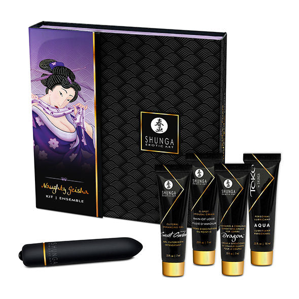 Shunga Kit Geixa Safada: Fotografia editorial focando na apresentação elegante e na temática oriental de alto requinte.