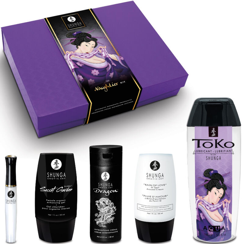 Shunga Kit Más Naughtier: Fotografia editorial focando na apresentação requintada e na promessa de uma noite inesquecível.