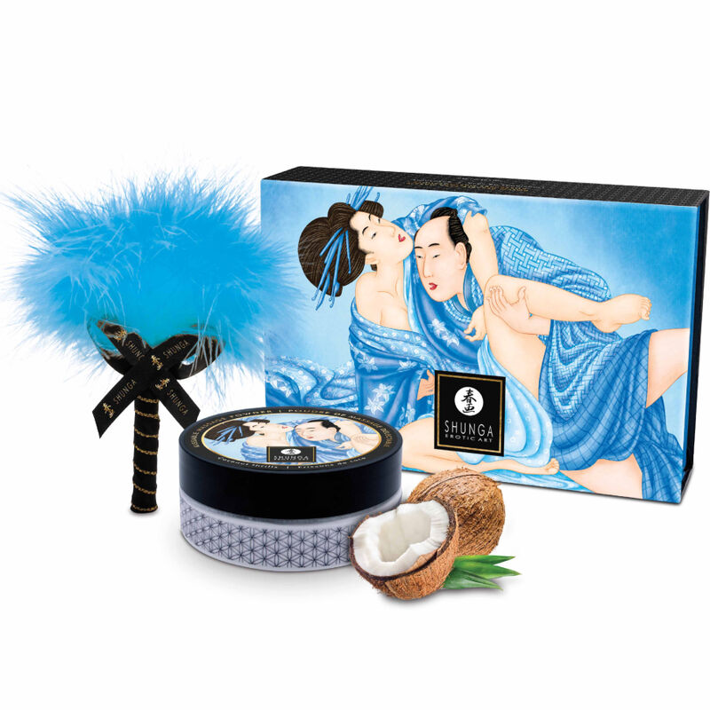 Shunga Kit Pó de Côco: Fotografia editorial focando na elegância da embalagem e na temática exótica do côco.