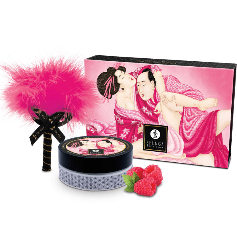 Shunga Kit Pó de Framboesa: Fotografia editorial focando na elegância da embalagem e na temática frutada da framboesa.