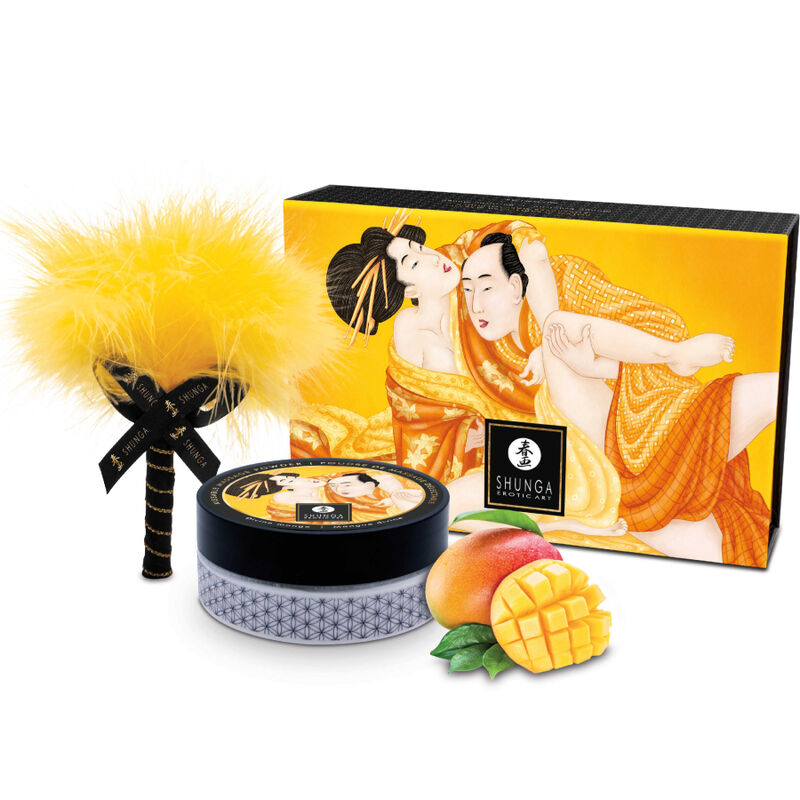 Shunga Kit Pó de Manga: Fotografia editorial focando na elegância da embalagem e na temática tropical da manga.