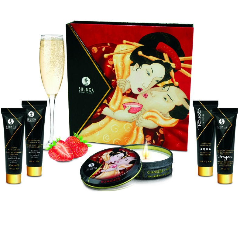 Shunga Kit Secreto Morangos e Cava: Fotografia editorial focando na apresentação de luxo e na temática festiva e frutada.