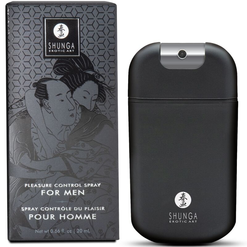 Shunga Spray Controlador de Prazer 20ml: Fotografia editorial focando na elegância sóbria do frasco e na discrição do produto.