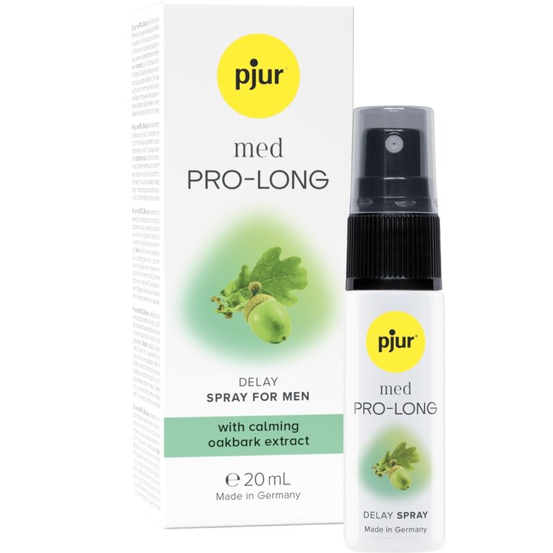 Spray Retardante pjur med PROLONG: Frasco premium com doseador em spray de 20 ml, com um design de linhas limpas nas cores branca, azul e cinzenta da gama médica pjur.