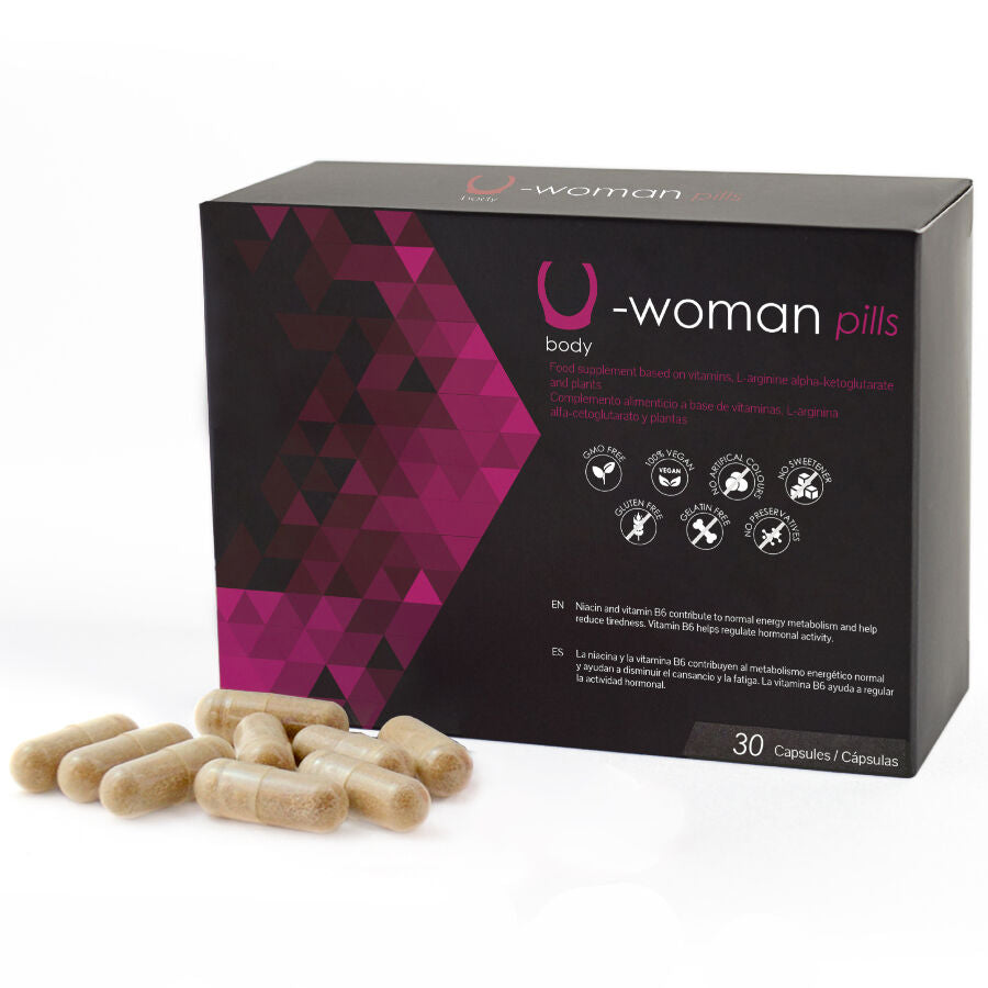 Suplemento 500Cosmetics uWoman 30 Cápsulas: Vista frontal da caixa do produto exibindo o seu design clínico, limpo e sofisticado em tons brancos e violeta, transmitindo a confiança de um produto de farmácia premium.