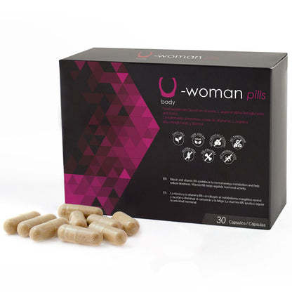 Suplemento 500Cosmetics uWoman 30 Cápsulas: Vista frontal da caixa do produto exibindo o seu design clínico, limpo e sofisticado em tons brancos e violeta, transmitindo a confiança de um produto de farmácia premium.