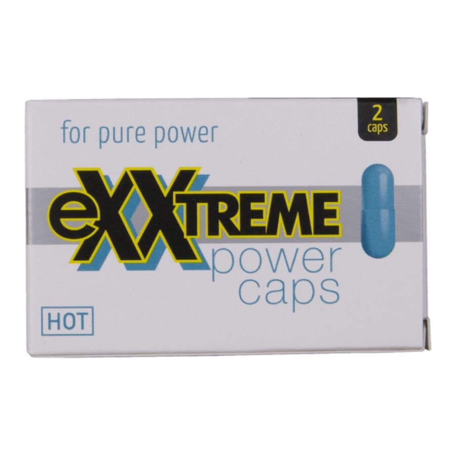 Suplemento Masculino HOT Exxtreme Power Caps Man: Embalagem exterior com design preto e dourado exibindo o blister de 2 unidades com total clareza.