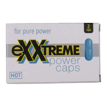 Suplemento Masculino HOT Exxtreme Power Caps Man: Embalagem exterior com design preto e dourado exibindo o blister de 2 unidades com total clareza.