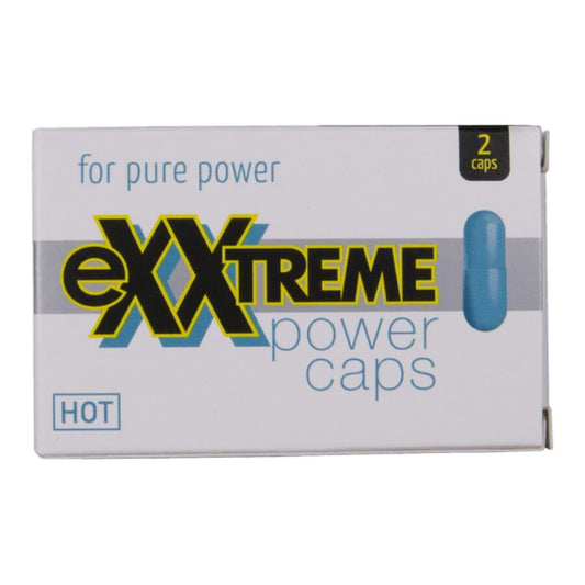 Suplemento Masculino HOT Exxtreme Power Caps Man: Embalagem exterior com design preto e dourado exibindo o blister de 2 unidades com total clareza.