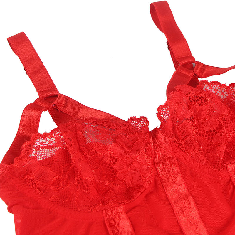 Teddy Subblime Vermelho: Body de renda com design de busto strappy e cinta-ligas. DIAMORA