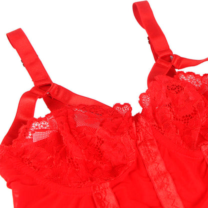 Teddy Subblime Vermelho: Body de renda com design de busto strappy e cinta-ligas. DIAMORA