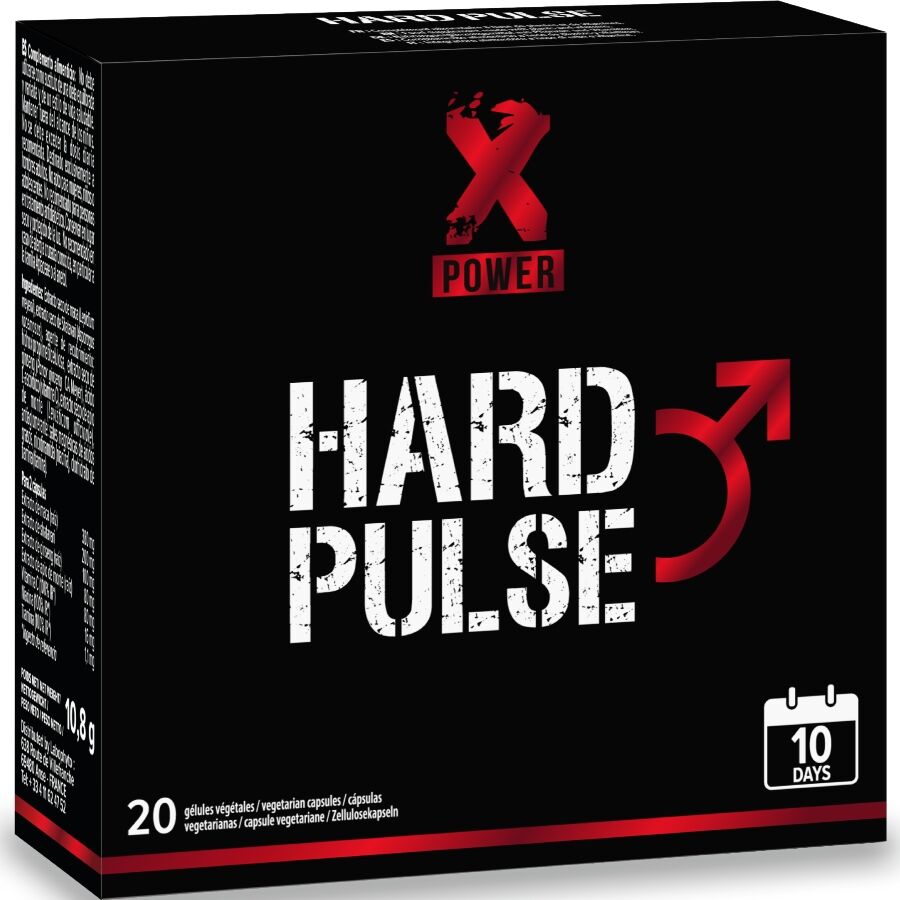 Tratamento Masculino Xpower Hard Pulse: Fotografia limpa e de alta gama exibindo a embalagem com o seu design geométrico e masculino, transmitindo a seriedade de um suplemento de saúde clínica premium.