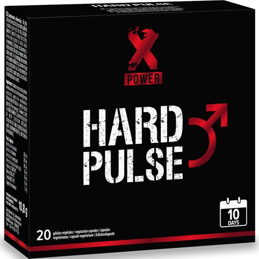 Tratamento Masculino Xpower Hard Pulse: Fotografia limpa e de alta gama exibindo a embalagem com o seu design geométrico e masculino, transmitindo a seriedade de um suplemento de saúde clínica premium.