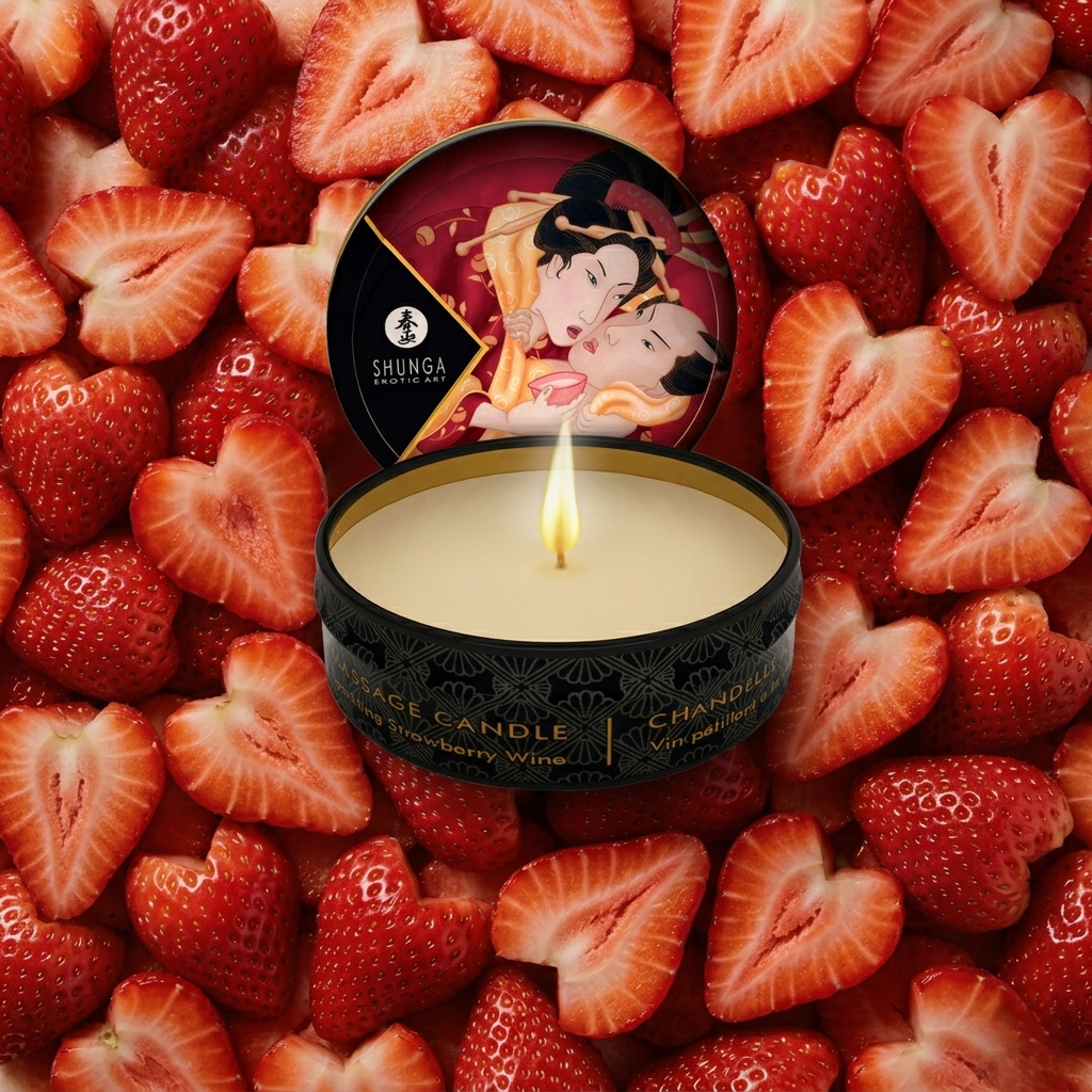 Vela de Massagem Shunga Mini: O prazer do óleo morno com o aroma doce de morangos e cava. Diamora