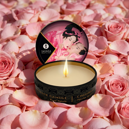 Vela de Massagem Shunga Rosas: O requinte do aroma floral transformado em óleo quente.Diamora