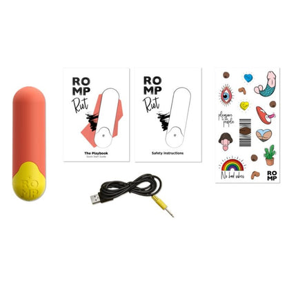 Vibrador Bala ROMP Riot: Estimulador multifuncional nas cores laranja e amarelo exibido montado com o seu cordão de segurança estendido. Diamora