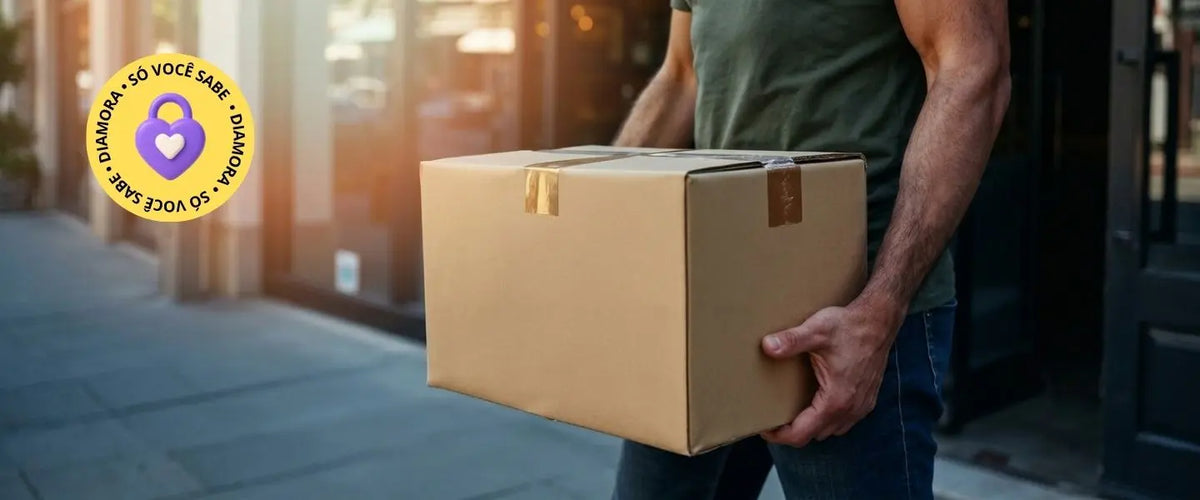 Homem carregando uma caixa de encomenda neutra e discreta, com selo circular da Diamora no topo esquerdo contendo um cadeado de coração e o texto 'Diamora Só Você Sabe'.