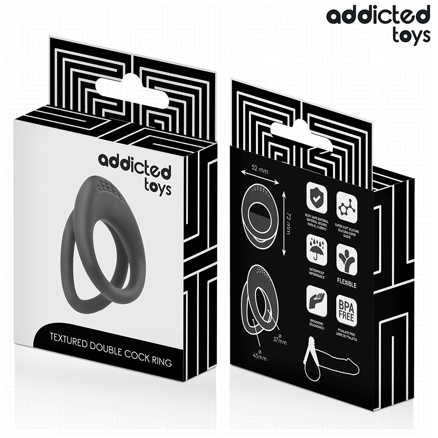 Addicted Toys Dual Texture – Anel Peniano em Silicone de Alta Elasticidade com Relevos de Dupla Textura (Preto)