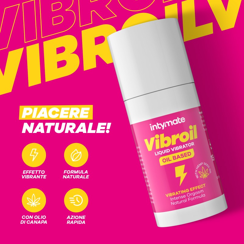 Óleo Estimulante Intymate Vibroil: Frasco cilíndrico de 15 ml com design minimalista e elegante em tons de roxo e dourado, destacando o acabamento premium da linha.