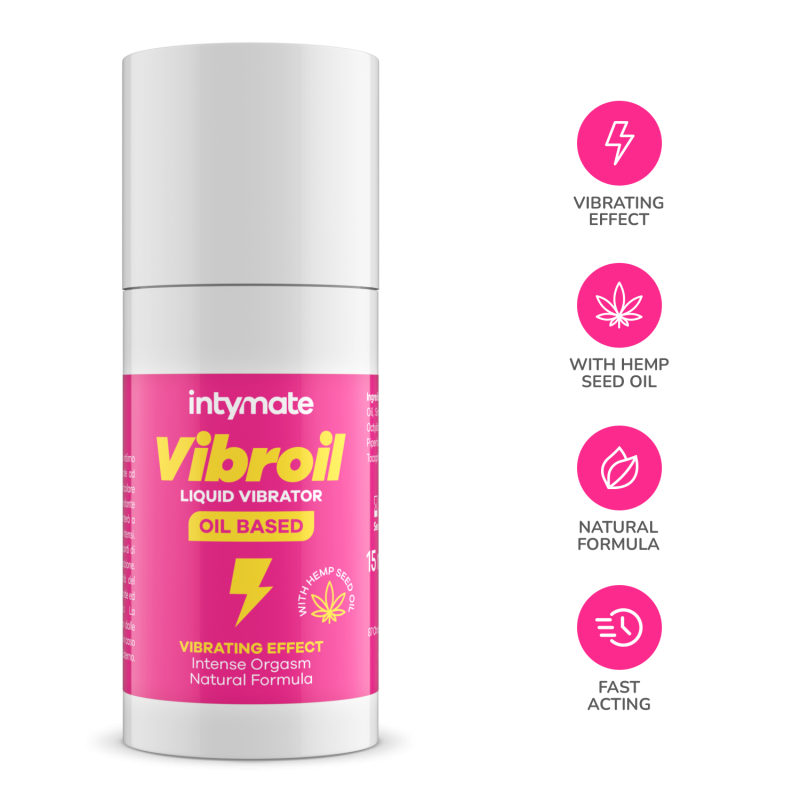 Óleo Estimulante Intymate Vibroil: Frasco cilíndrico de 15 ml com design minimalista e elegante em tons de roxo e dourado, destacando o acabamento premium da linha.