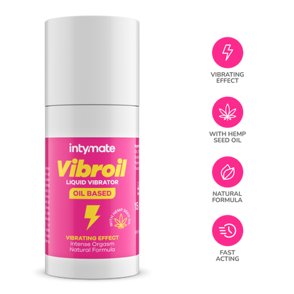 Óleo Estimulante Intymate Vibroil: Frasco cilíndrico de 15 ml com design minimalista e elegante em tons de roxo e dourado, destacando o acabamento premium da linha.