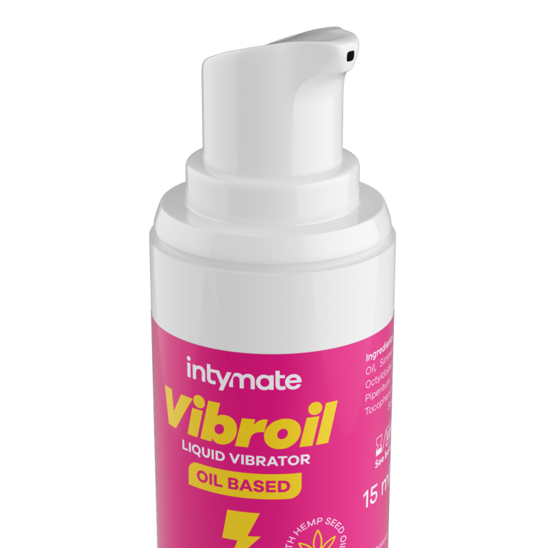 Óleo Estimulante Intymate Vibroil: Frasco cilíndrico de 15 ml com design minimalista e elegante em tons de roxo e dourado, destacando o acabamento premium da linha.